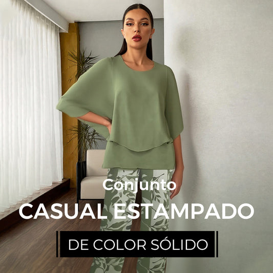 💃✨Conjunto de dos piezas para mujer: Pantalón estampado & top con escote redondo.