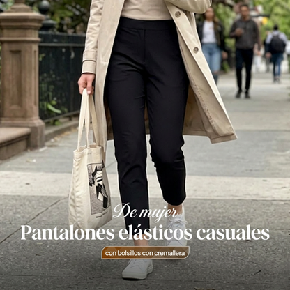 ⏳Oferta Especial por Tiempo Limitado⏰Pantalones Elásticos de Talle Alto para Mujer con Bolsillos con Cremallera