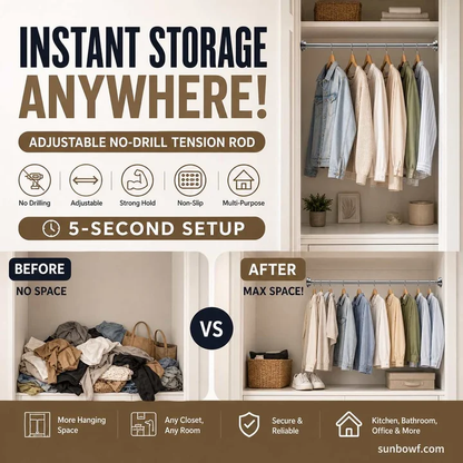 🛠️ 50% dto. Barra de tensión ajustable – instala en segundos sin taladrar, almacenamiento inteligente. Organiza tu hogar sin dañar paredes! ✨🏠
