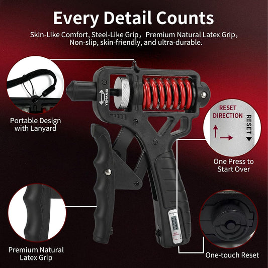 💪 50% dto. Fortalecedor de agarre ajustable – resistencia de 5 kg a 165 kg, contador inteligente opcional y martillo de seguridad multifunción. ¡Entrena manos, dedos y antebrazos! ✨🔨