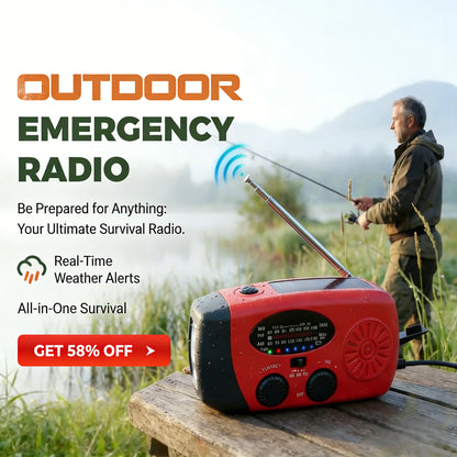 📻 50% dto. Radio de emergencia multifunción – carga solar, manivela y USB, linterna LED, alertas NOAA y power bank. ¡IPX3 resistente a salpicaduras, 220 g! ✨⚡