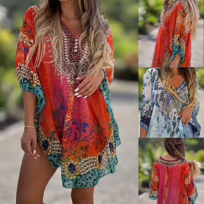 Vestido asimétrico suelto de mujer con cuello en V