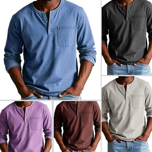Camisa de manga larga con bolsillo Vintage Distressed de moda para hombre