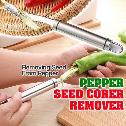 🌶️ 50% dto. Descorazonador de pimientos de acero inoxidable – borde dentado que corta alrededor del núcleo, fácil de usar y limpiar. ¡Apto para pimientos y otras hortalizas firmes! ✨🔪