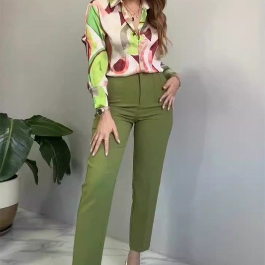 🌿Conjunto de dos piezas para mujer: camisa estampada con botones y pantalones.