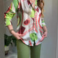 🌿Conjunto de dos piezas para mujer: camisa estampada con botones y pantalones.
