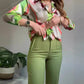 🌿Conjunto de dos piezas para mujer: camisa estampada con botones y pantalones.