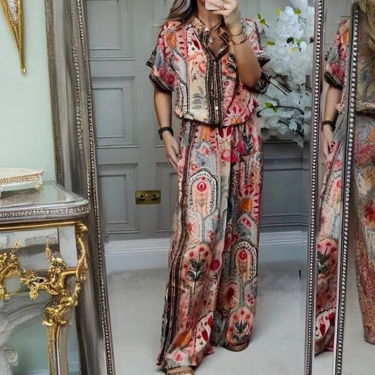 Conjunto de 2 piezas de top estampado y pantalones de pierna ancha para mujer