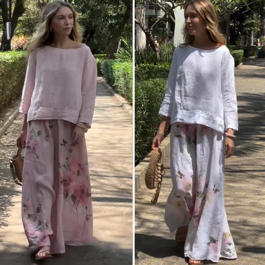 Blusa Sólido y Pantalones Anchos con Flores (Conjunto de 2 Piezas)