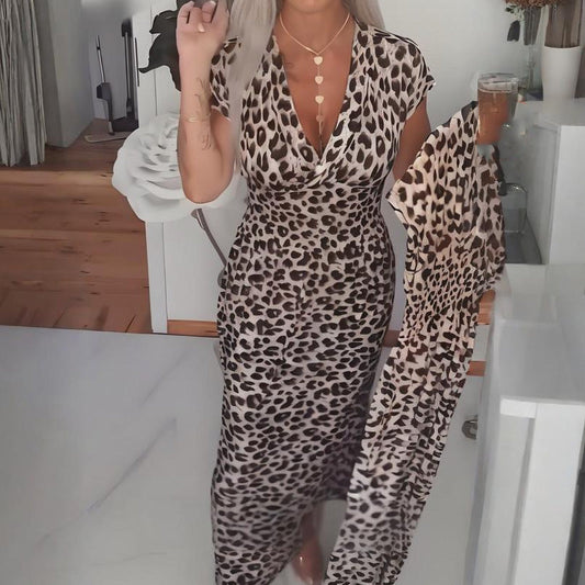 Vestido con estampado de leopardo con cuello en V para mujer
