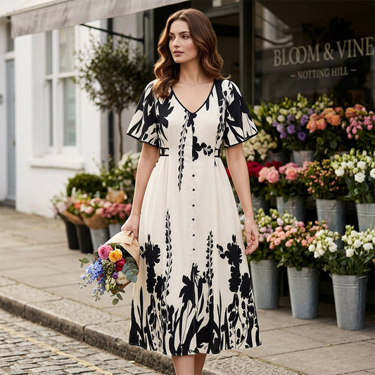 🌺👗 Vestido Midi con Escote V y Estampado Botánico – Moderno y Femenino 💖