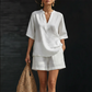 👚💃 Conjunto de dos piezas con cuello en V para mujer, estilo cómodo e informal.