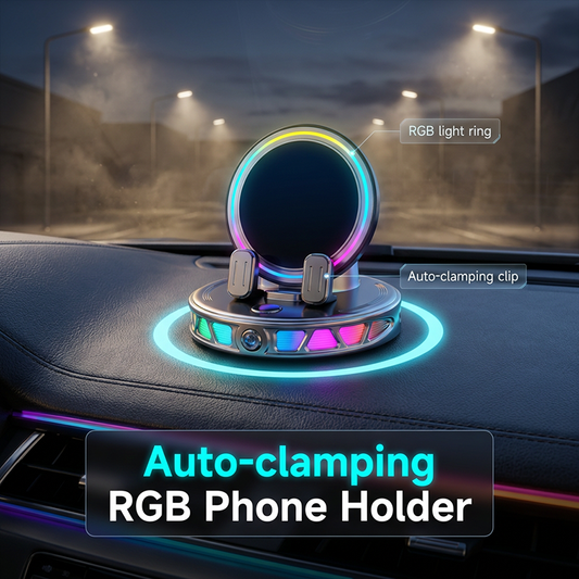 📱 50% dto. Soporte RGB para móvil en el coche – sujeción automática y carga inalámbrica. Manejo seguro con una sola mano! 🚗✨