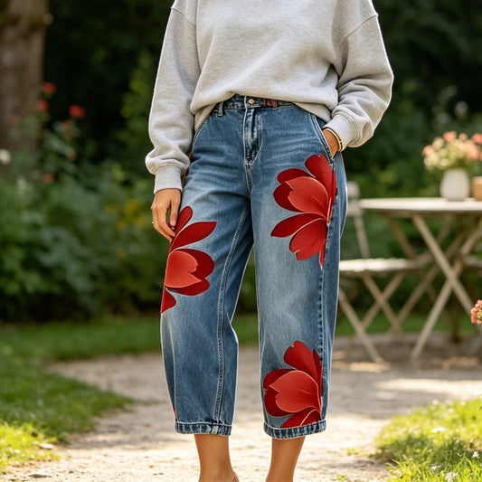 🌸 ¡PROMOCIÓN POR TIEMPO LIMITADO: 57% DE DESCUENTO! ✨ Jeans de mujer de pierna ancha con bordado floral: hechos a mano, modernos y cómodos 🌼