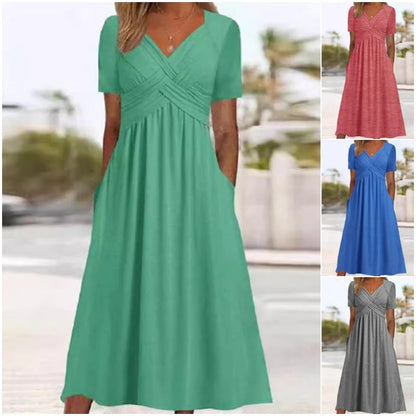 🌸¡OFERTA ESPECIAL 50% DE DESCUENTO!🌸 Vestidos largos de manga corta con cuello en V para mujer: ¡elegantes y cómodos!