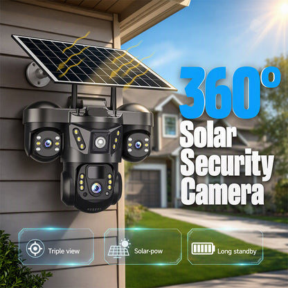 📹 50% dto. Cámara de seguridad solar de triple lente – cobertura 360°, inalámbrica y resistente a la intemperie. Vigilancia nítida día y noche! ☀️🏠