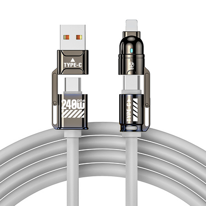 ⚡ 50% dto. Cable de carga rápida 4 en 1 de 240W – conectores USB-A y USB-C, chip E-Marker inteligente y silicona líquida duradera. ¡1 o 2 metros, 4 colores! ✨🔋