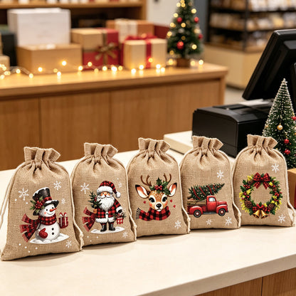 🎅 50% dto. – ¡oferta limitada! Bolsas de regalo navideñas con cordón – diseños de Santa y Reno, tela reutilizable. Envuelve tus regalos con magia! ✨🎁