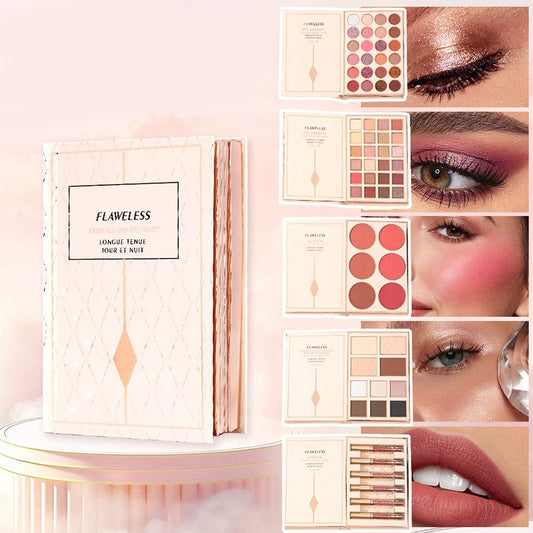 💄 50% dto. Paleta de maquillaje 5 en 1 tipo libro – 24 sombras, colorete, iluminador, contorno, pomada de cejas y labial. ¡Crea un look completo con una sola paleta! ✨📖