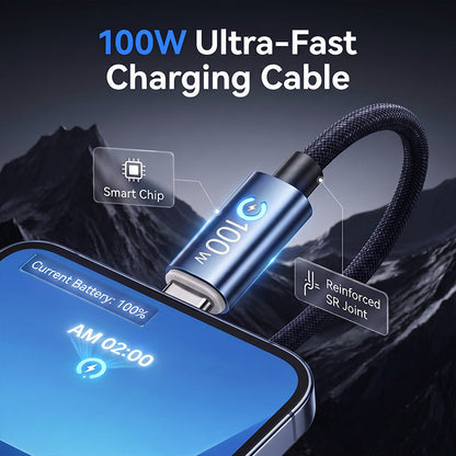 ⚡ 50% dto. Cable de carga ultrarrápido de 100W – corte automático de corriente, chip E-Marker y nailon trenzado. Universal y duradero! ✨🔋