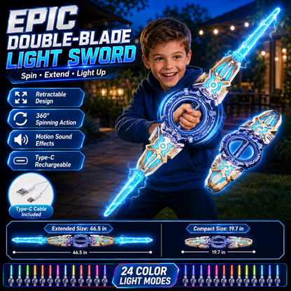 ⚔️ 50% dto. – ¡+50K vendidos! Espada LED recargable de doble hoja – giro 360°, extensible, 24 modos de luz y sonidos. Regalo épico para niños 6+! ✨🎁