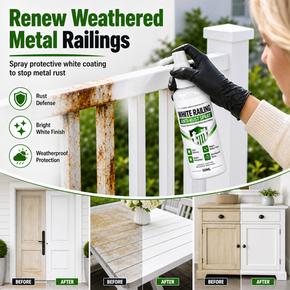 🛡️ 50% dto. Spray blanco reparador para metal y madera – renueva barandillas oxidadas, puertas y cercas. Cubrición perfecta y protección impermeable! ✨🏠