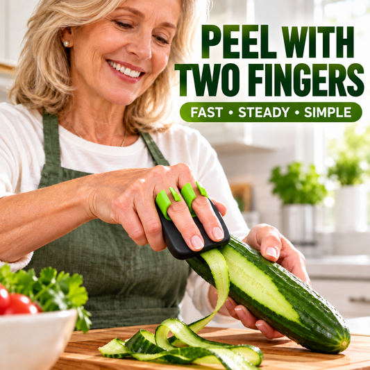 🔪 50% dto. Pelador ergonómico de dos dedos para frutas y verduras – hoja de acero inoxidable, diseño compacto y fácil de limpiar. ¡Pela patatas, manzanas y zanahorias sin esfuerzo! ✨🥕