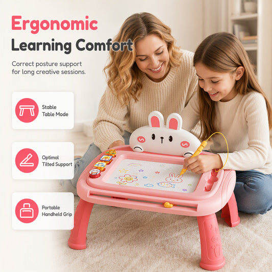 🎨 50% dto. Pizarra magnética infantil con patas desmontables – superficie borrable de 4 colores, lápiz con cordón y 4 sellos. ¡Dibuja, borra y vuelve a empezar sin tiza ni polvo! ✨🖍️