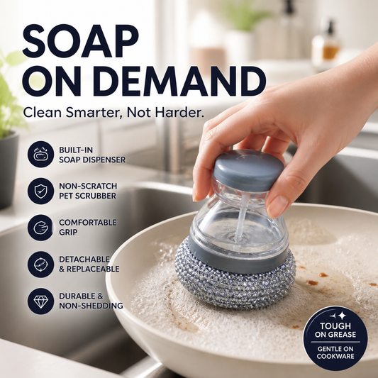 🧽 50% dto. Cepillo fregador para ollas con dispensador de jabón integrado – superficie PET texturizada, mango ergonómico y cabezal desmontable. ¡Lava más rápido y sin complicaciones! ✨🍽️